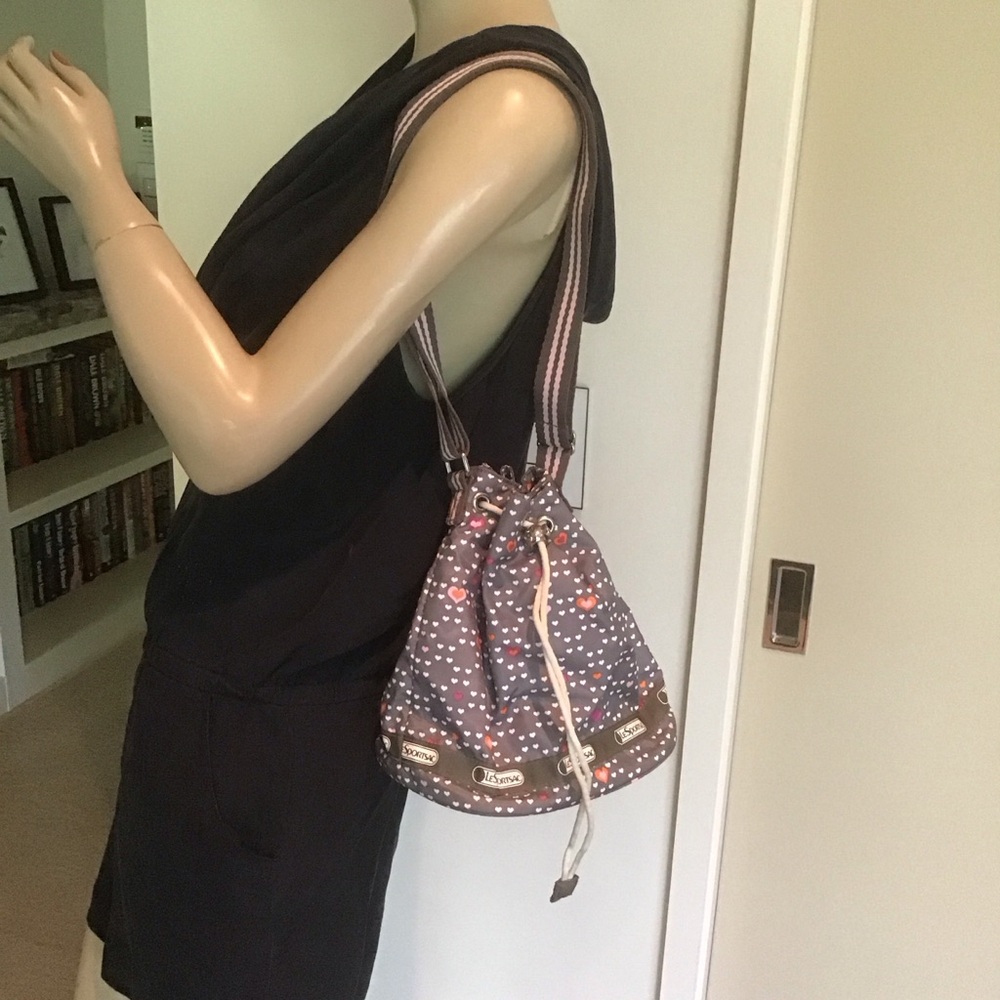 Lesportsac Gray Pink‎ White Hearts Nylon Crossbody Drawstring Bucket Bag Purse